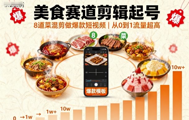 美食赛道剪辑起号，8道菜混剪做爆款短视频，从0到1，流量超高-初遇