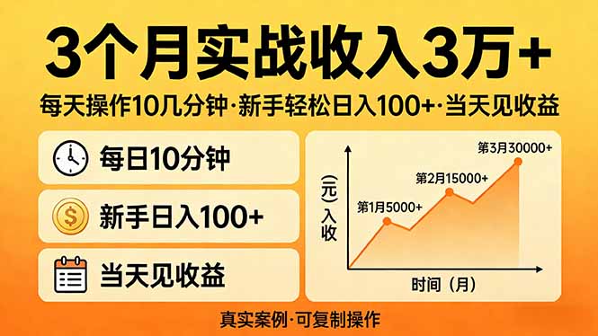 3个月实战收入3万+，每天操作10几分钟，新手轻松日入100+，当天见收益-初遇