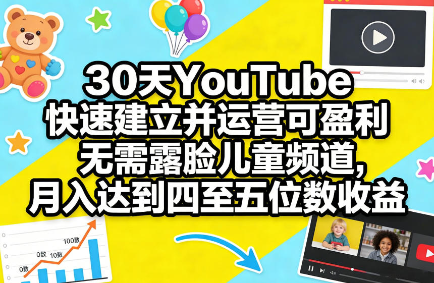 30天YouTube快速建立并运营可盈利无需露脸儿童频道，月入达到四至五位数收益-初遇