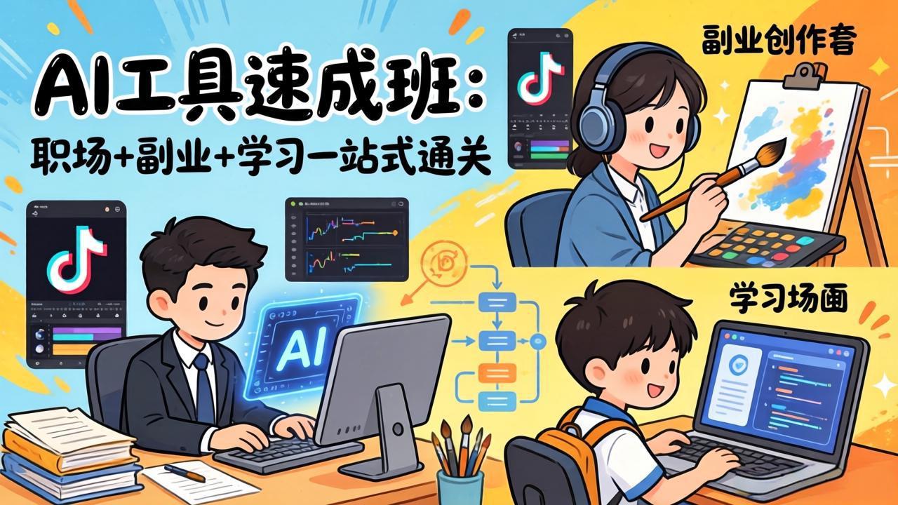 AI工具速成班：职场+副业+学习一站式通关，20+爆款类型+剪映技巧+抖音算法，0基础快速上手-初遇