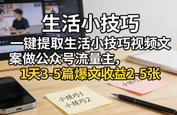 一键提取生活小技巧视频文案做公众号流量主，1天3-5篇爆文收益2-5张-初遇