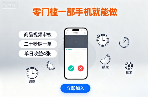 零门槛一部手机就能做，商品视频审核，通勤躺家碎片时间都能做，二十秒钟一单，单日收益4张【揭秘】-初遇
